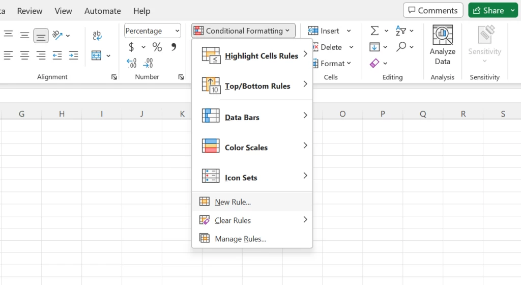 Setting New Rule under Conditional Formatting.