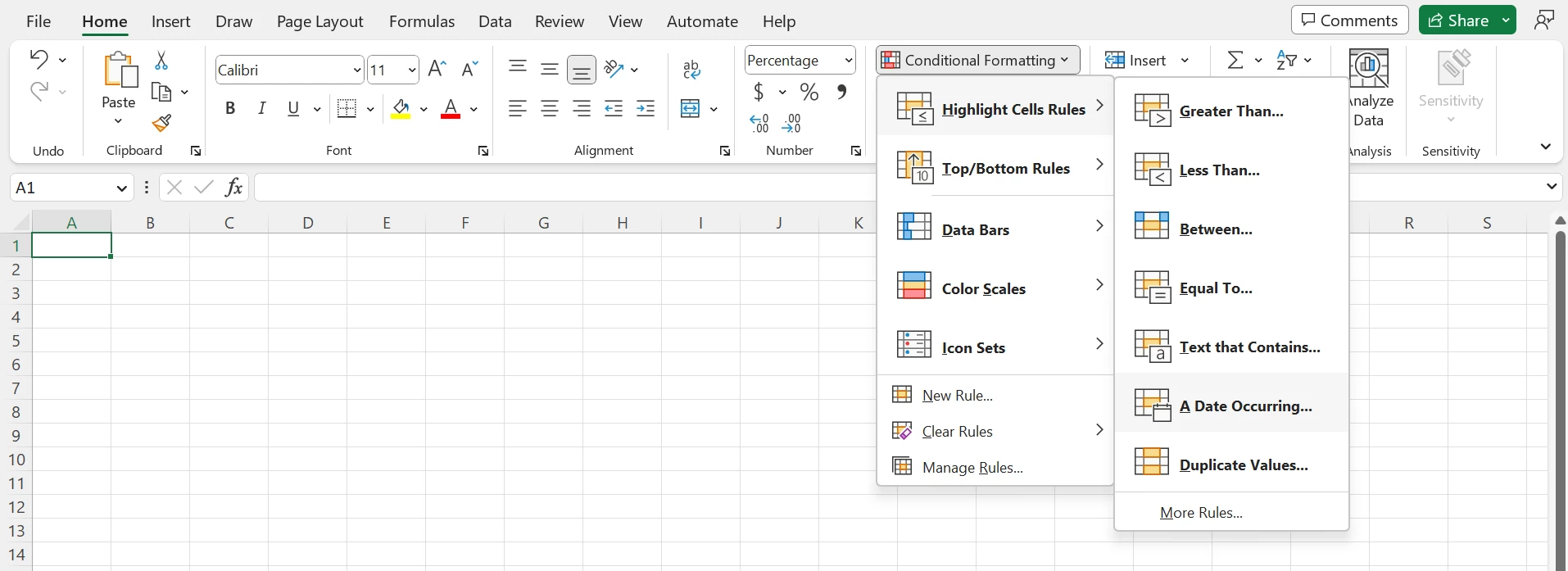 Visual example of selecting Conditional Formatting, hovering over Highlight Cells Rules, and selecting A Date Occurring.