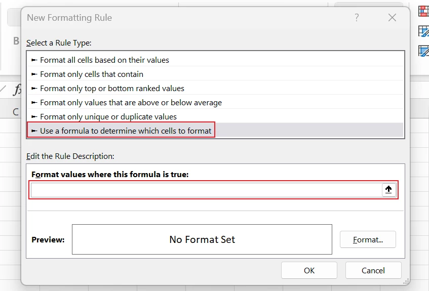 New Formatting Rule popup block. Select Use a formula to determine which cells to format and edit the Rule Description.