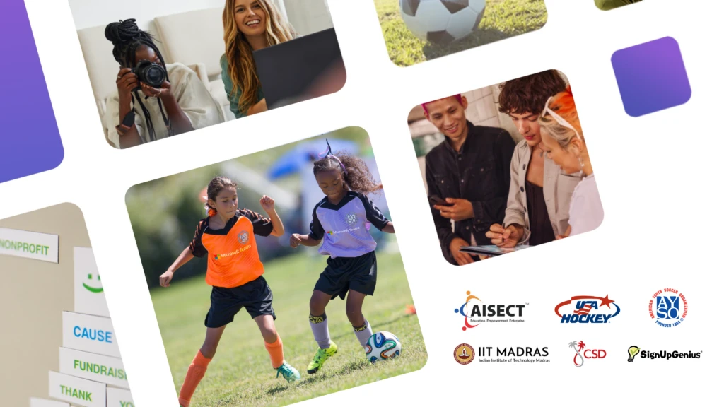 Collage featuring young kids playing soccer, students collaborating, and young adults working. Six logos in bottom right hand corner: American Youth Soccer Organization, USA Hockey, California School of the Deaf, Riverside, SignUpGenius, Indian Institute of Technology, Madras, and AISECT.