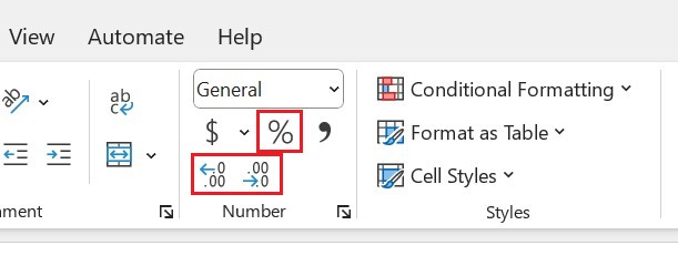 How to create percentages in Excel. Below General drop down, percent symbol and decimal options are circled in red.