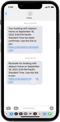 An external attendee joins a Virtual Appointment via a text message on her mobile device, where she sees an incoming message that her meeting organizer is running late before he joins the call. 