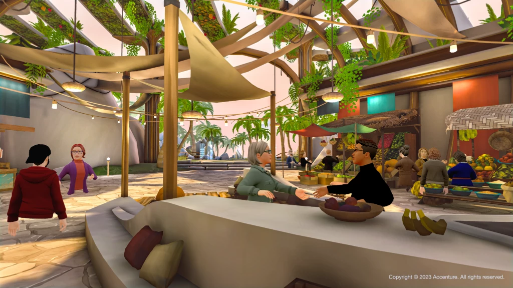 A 3D animation of the Food Innovation Hub, showing people meeting in an outdoor café setting surrounded by food stalls. 