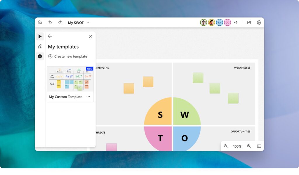 Un modello Microsoft Whiteboard personalizzato da un utente e salvato nella sezione "I miei modelli" nell'app Whiteboard.