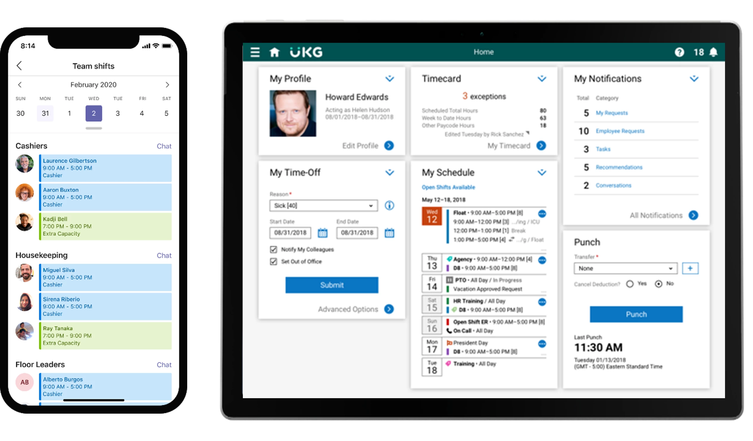 Un dispositivo móvil que muestra Turnos en la aplicación móvil de Microsoft Teams y una tableta que muestra el conector Teams Shifts para la interfaz UKG Dimensions.