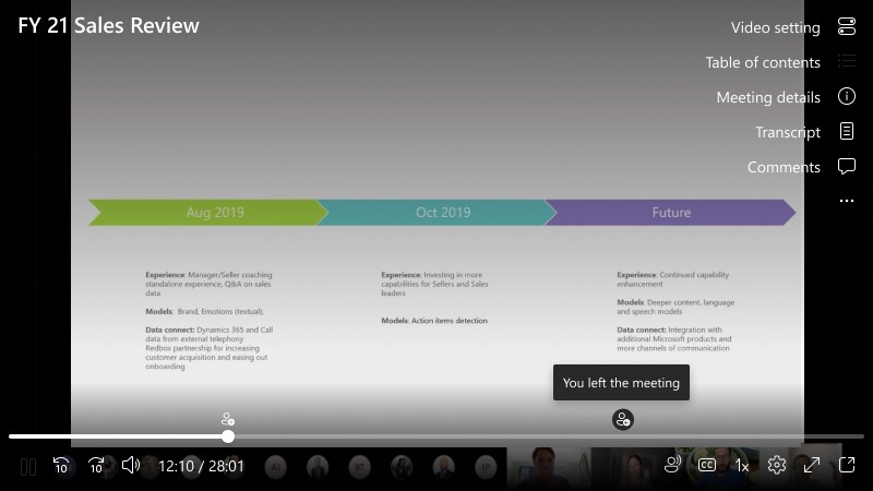 In a meeting recording you can see two small people markers, with the first having the meeting recording starting at that time, and with the second showing “You left the meeting.”
