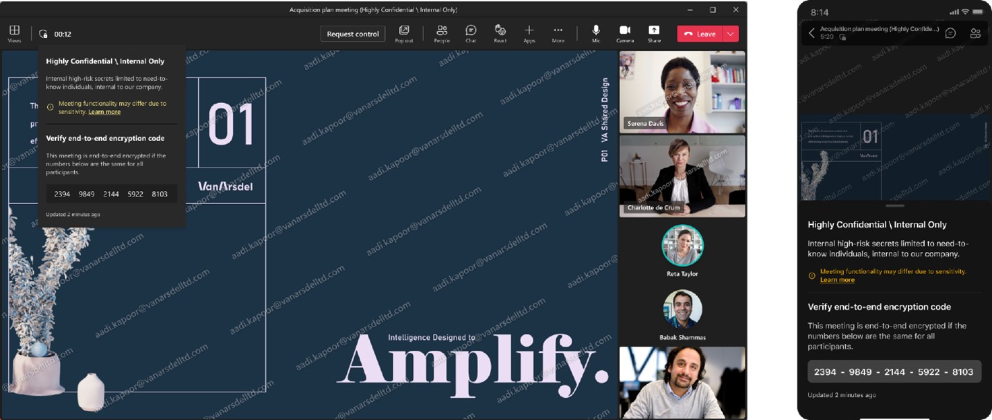 En una reunión de Teams, alguien está presentando una diapositiva azul de PowerPoint que tiene marcada la dirección de correo electrónico del asistente sobre la diapositiva y las fuentes de vídeo de los asistentes. Hay una ventana emergente que dice que la reunión es "Altamente confidencial/Solo interna" y que la reunión está verificada por un código de cifrado de extremo a extremo.