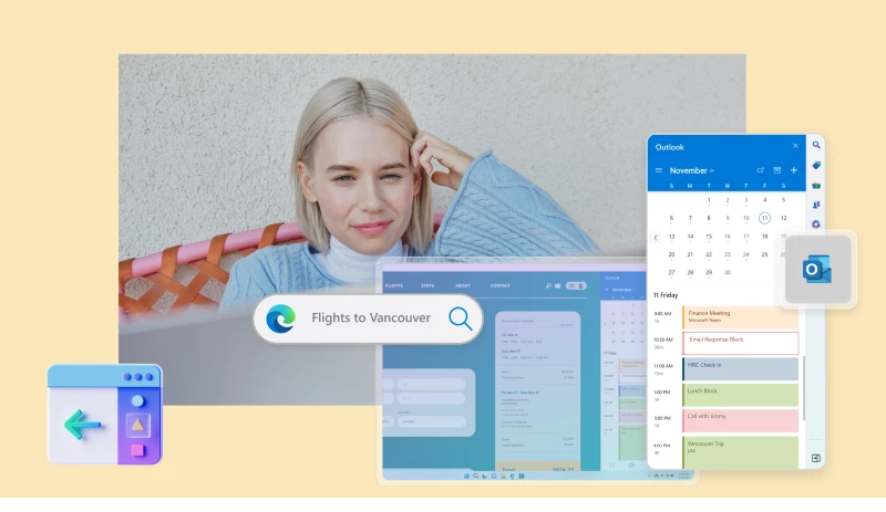 Individual looking at their Outlook inbox while searching flights to Vancouver in a separate browser window.
