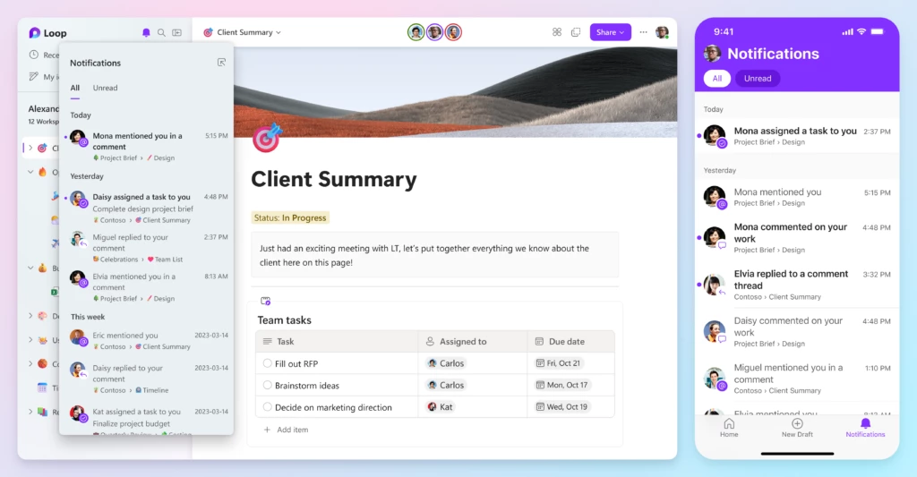Notifications in the Loop app and in the Loop mobile app. Notifications include tasks assigned, at mentions, and replies.