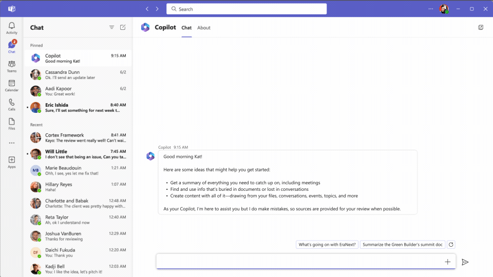 Microsoft 365 Copilot features within Microsoft Teams chat application. 