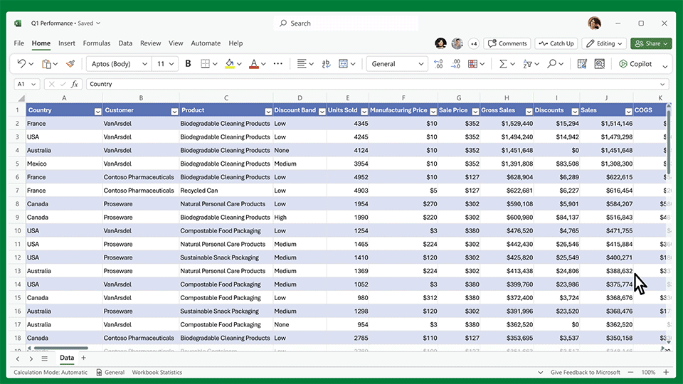 An animated image of an Excel spreadsheet with someone asking Copilot in Excel to analyze and summarize the data. Copilot responds with the key trends.