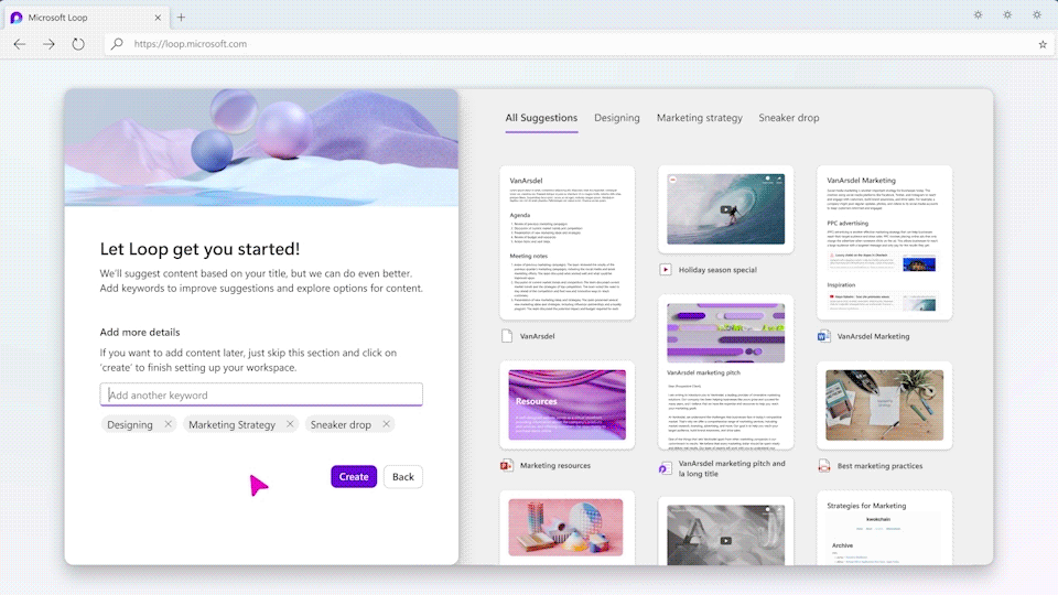 A visual of Loop jumpstarting a workspace by searching for content based on keywords.