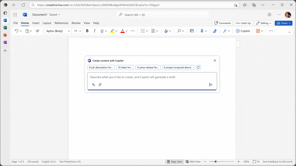 Copilot in Word appears as a simple pop-up. Simply describe what you want to create and let Copilot create a draft for you.