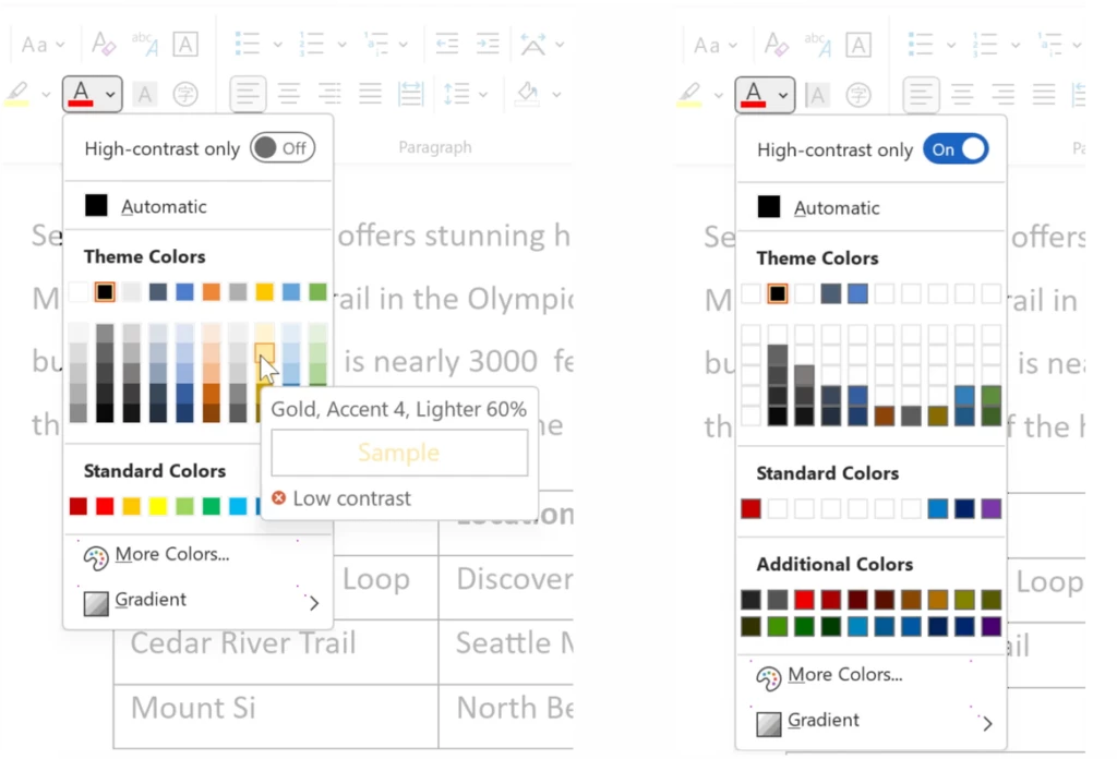 Two views of the Microsoft Word color picker. One shows a mouseover tooltip that provides information about the selected color and its contrast with the background. The other shows the High-contrast only toggle switched on; only the darkest colors are showing.