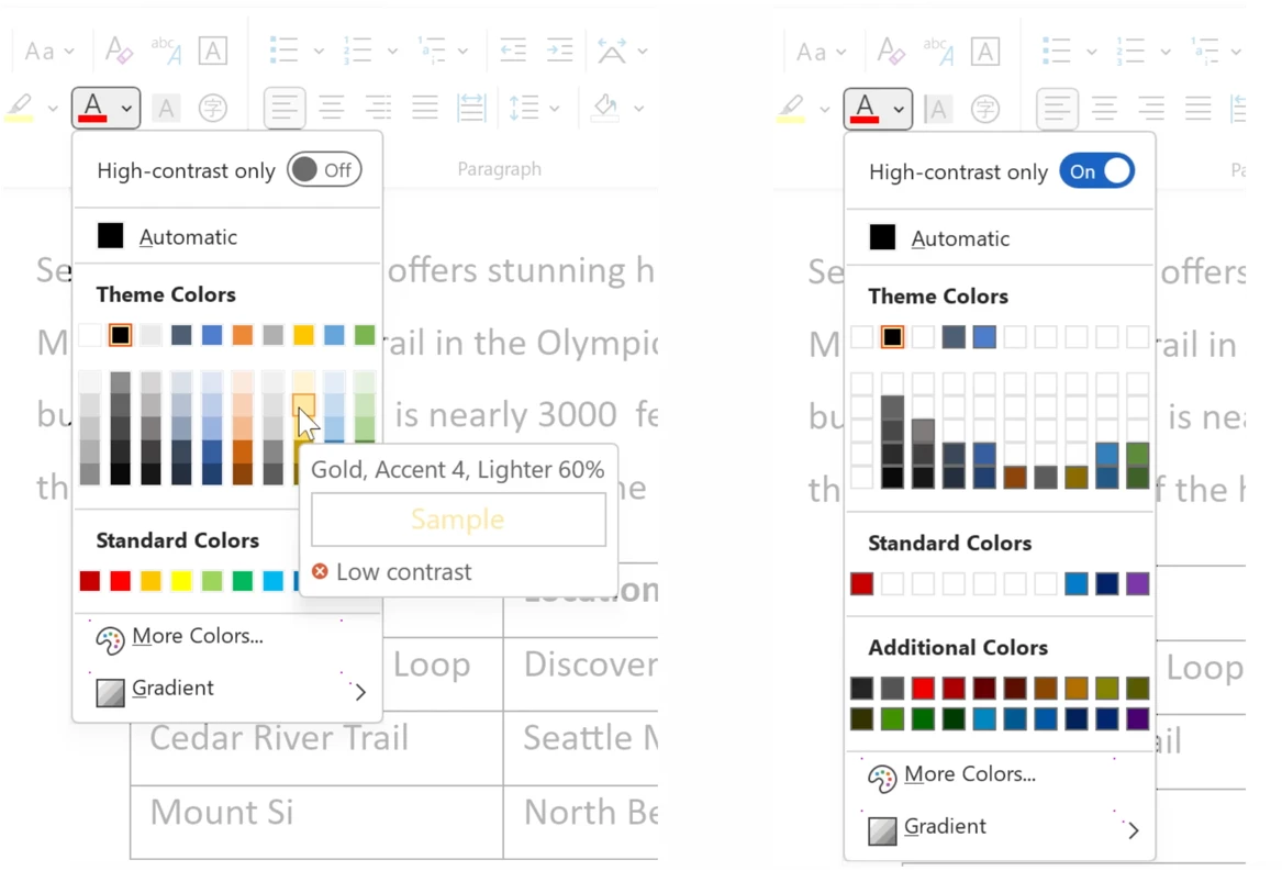 Dos vistas del selector de color de Microsoft Word. Uno muestra una información sobre herramientas al pasar el mouse que proporciona información sobre el color seleccionado y su contraste con el fondo. El otro muestra el interruptor Solo contraste alto activado; sólo se muestran los colores más oscuros.