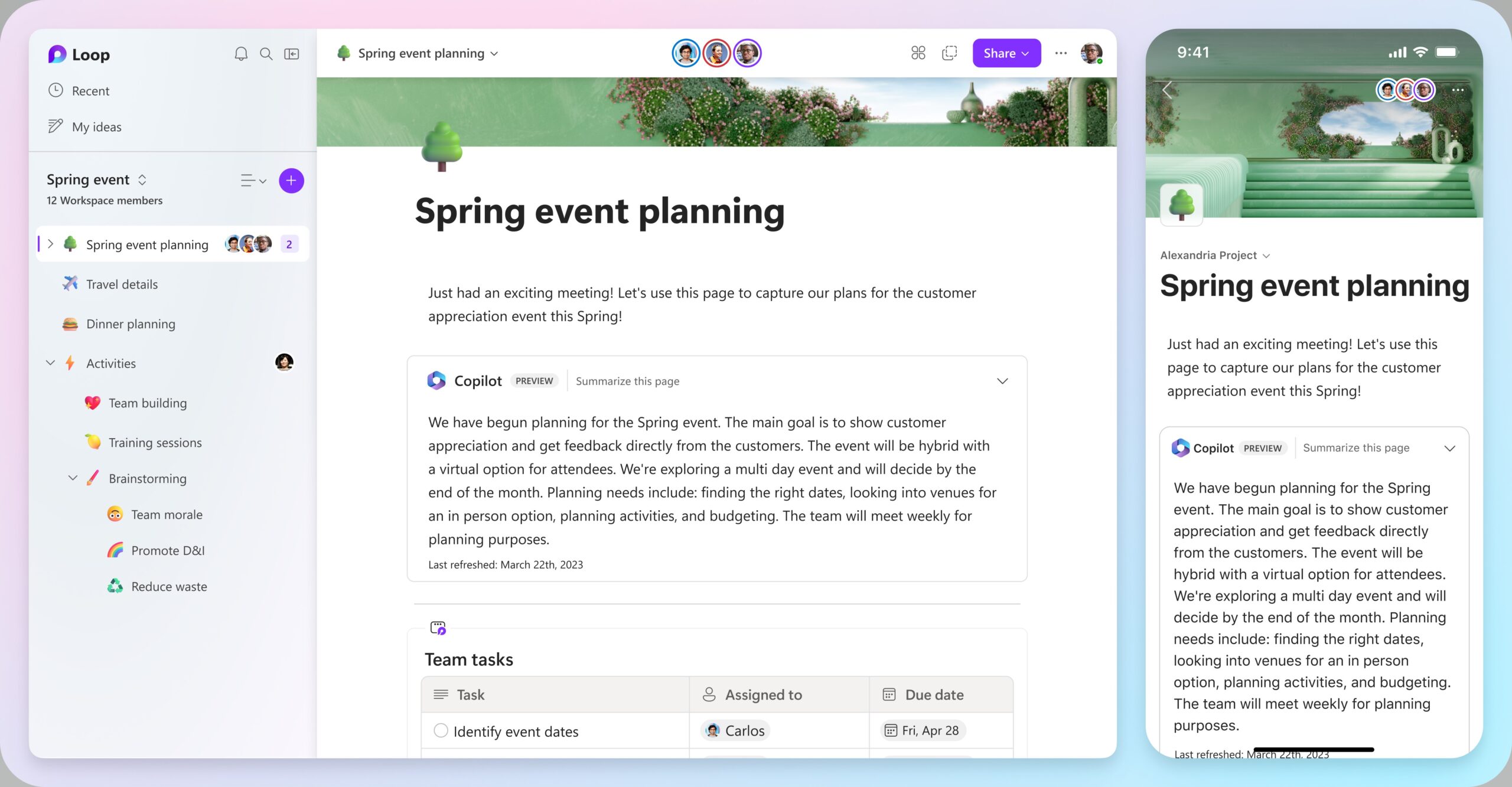 Summary of a Loop page about planning an event.