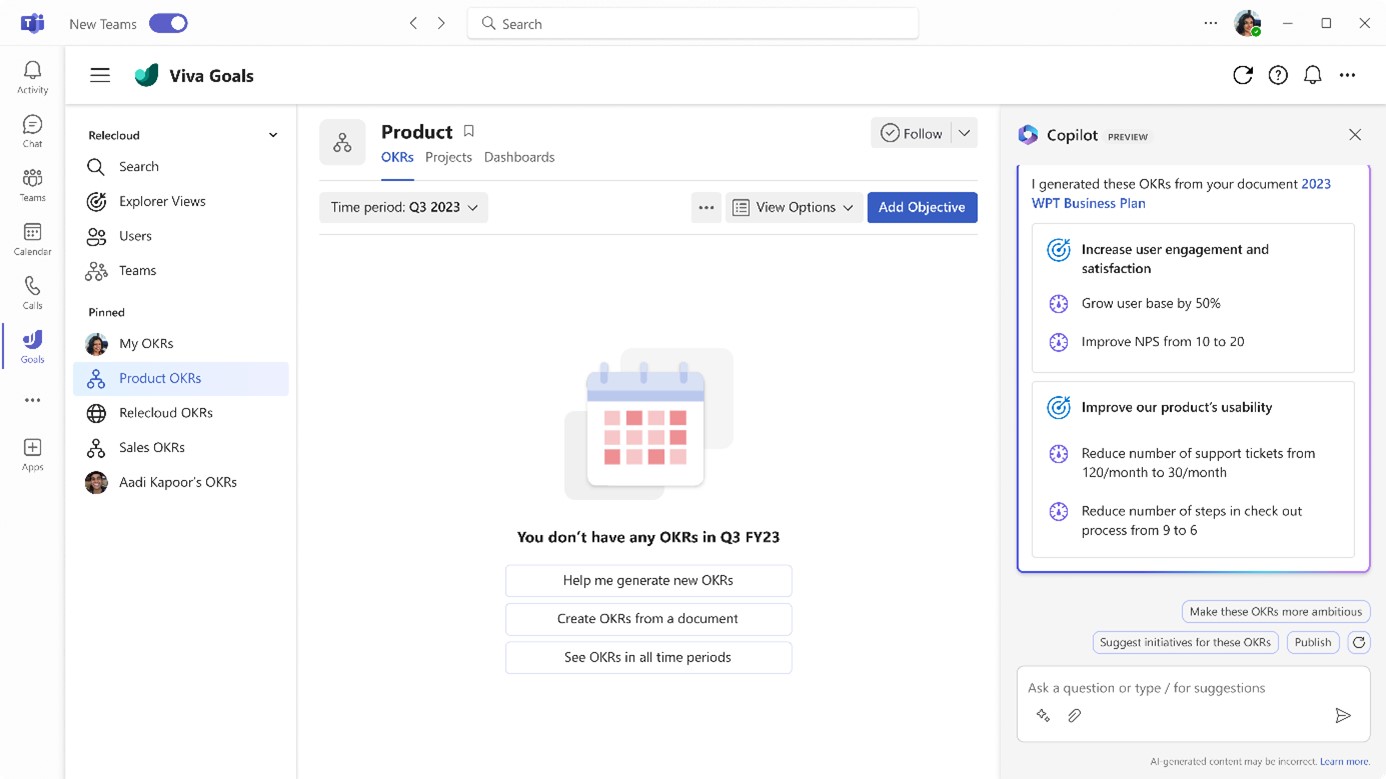 Image of Viva Goals app in Microsoft Teams showing Copilot suggestions for OKRs.