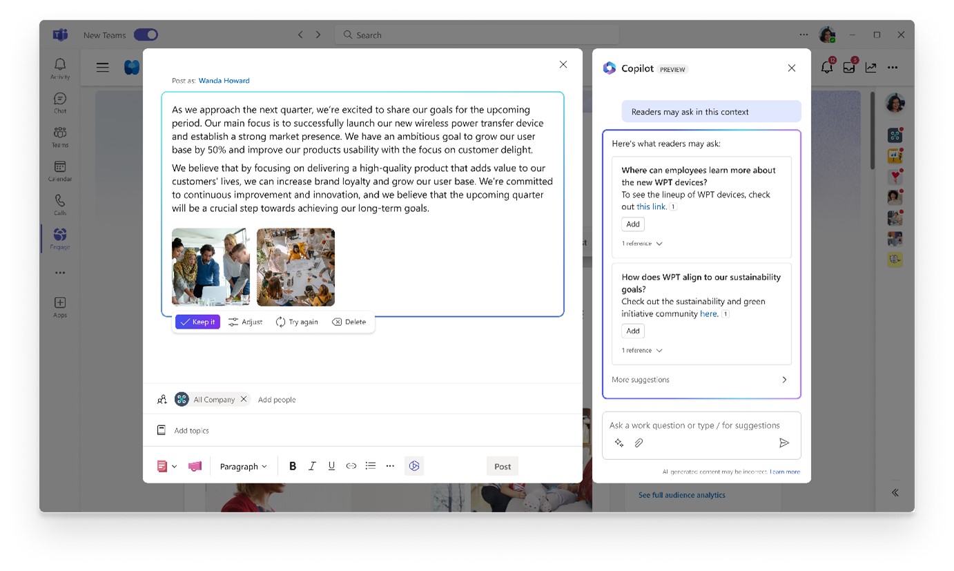 Image of Viva Engage app in Microsoft Teams showing Copilot suggestions for leadership Q&A.