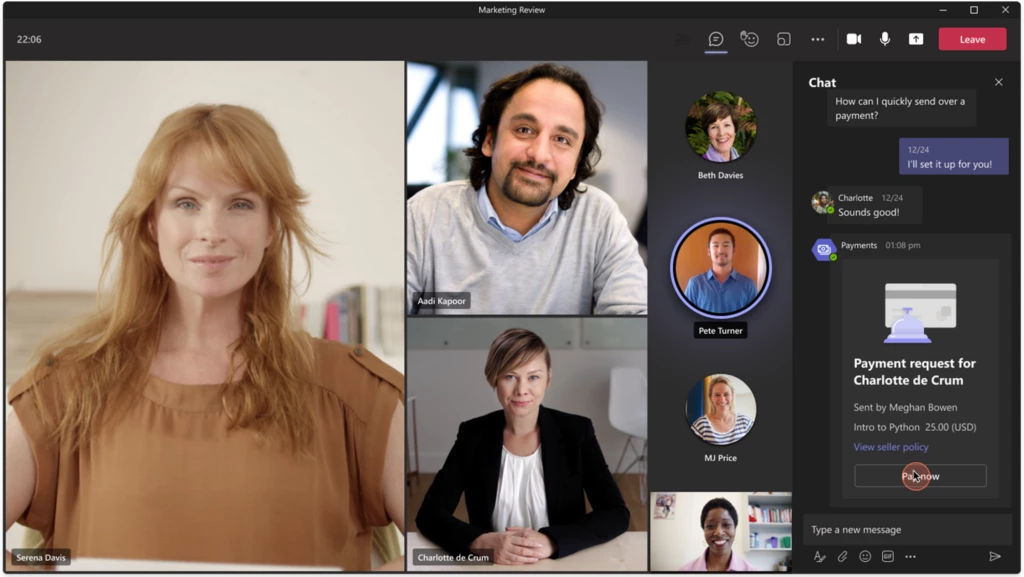 People participating in a Microsoft Teams online meeting and accepting payment for services via chat, using the Payments App. Image includes an example payment request.