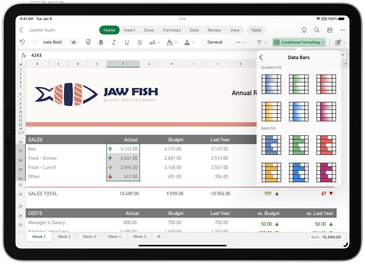App Microsoft Excel su un dispositivo iPad che utilizza la funzionalità di formattazione condizionale.