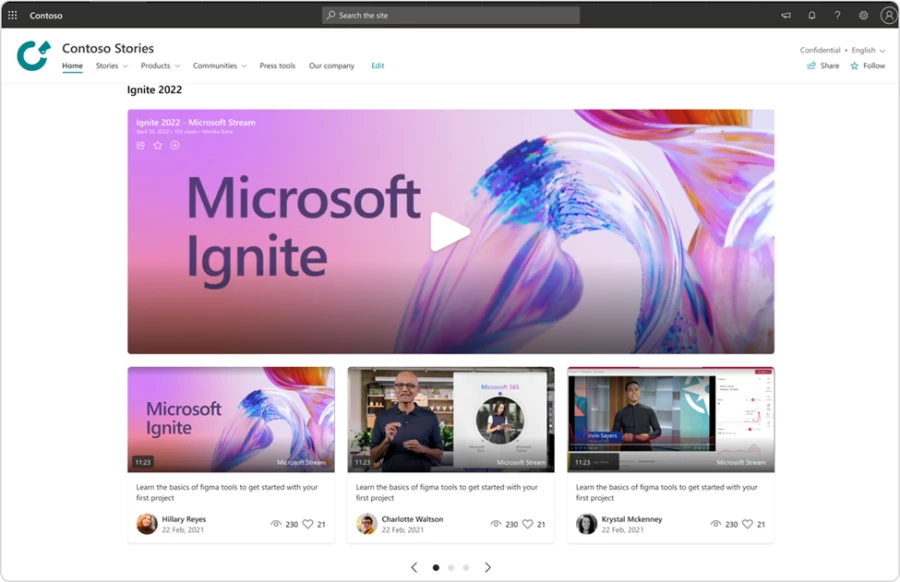 The new video page templates in SharePoint display video alongside other intranet content.
