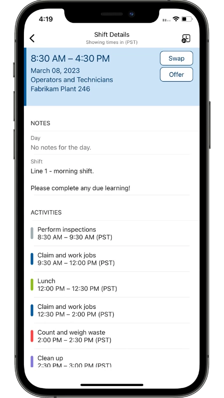 Microsoft Teams Shifts connector preview showing how a manufacturing worker can view shift details, activities they are scheduled to complete during their shift and more.