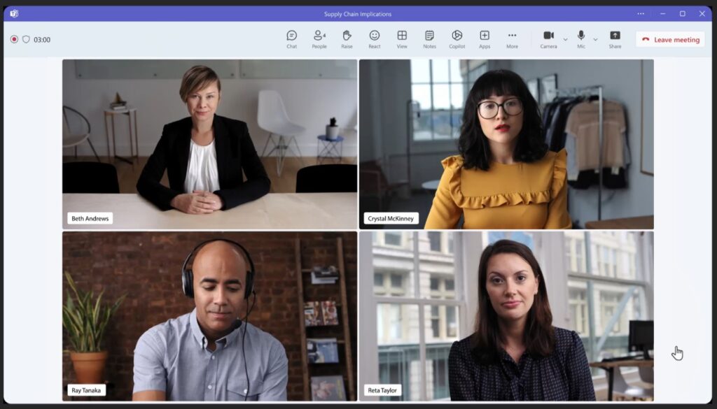 Four people participating in a Microsoft Teams online meeting