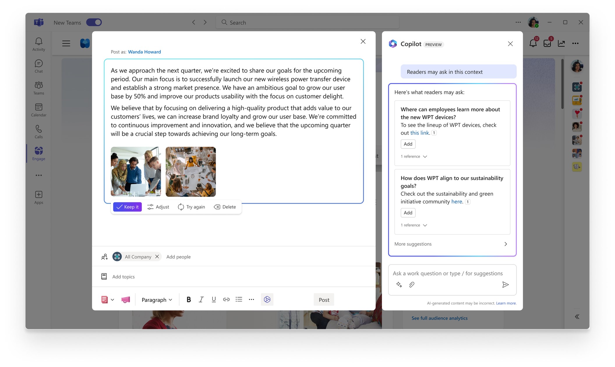 Screenshot dell'interfaccia Viva Engage in Microsoft Teams con suggerimenti AI per le comunicazioni dei dipendenti.