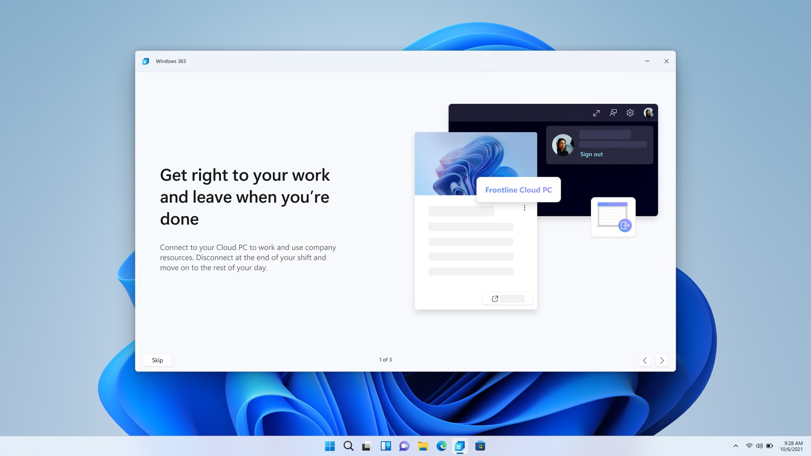 Screenshot dell'esperienza della home page di Win365 per i lavoratori in prima linea.