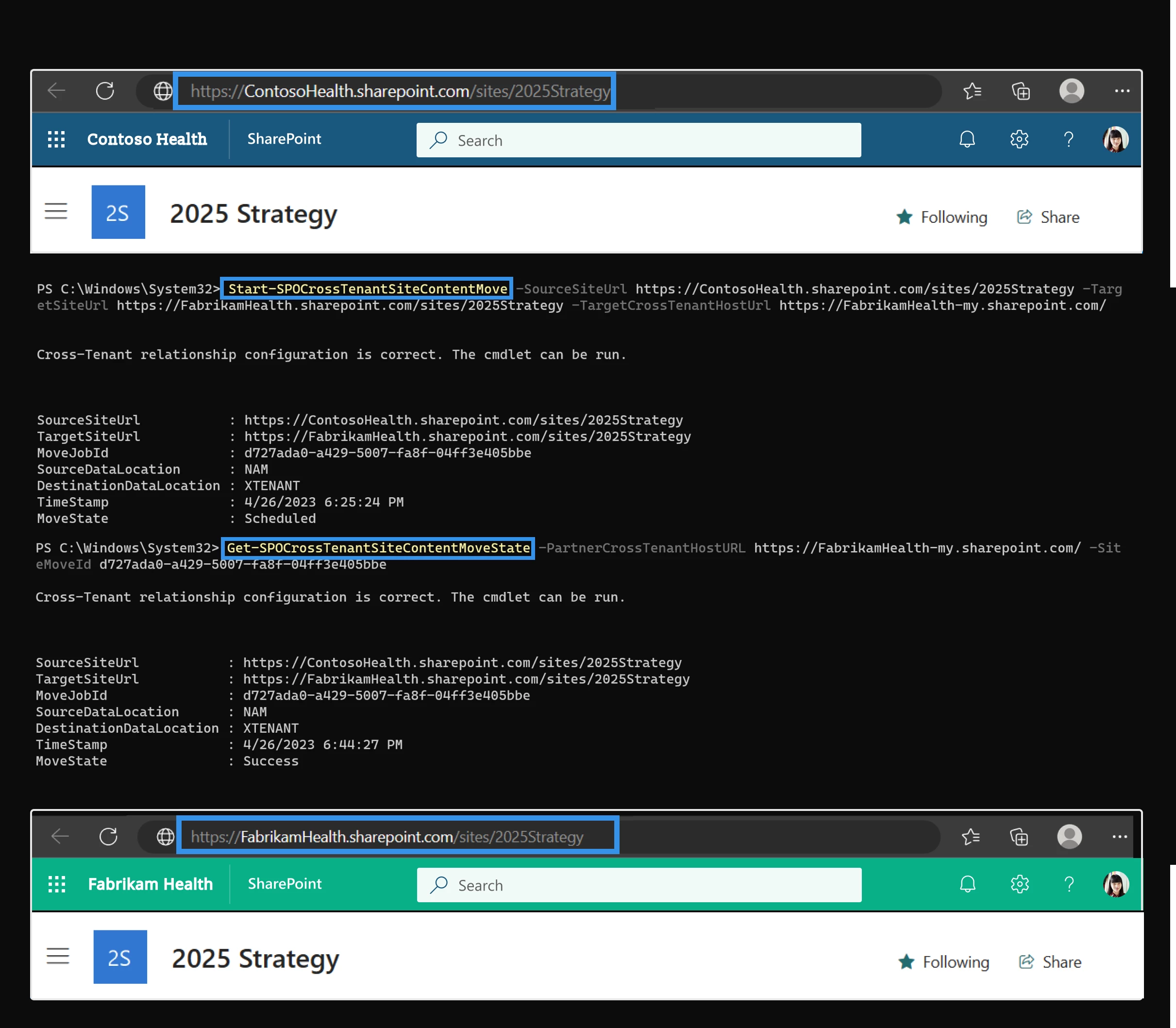 Screenshot depicting migrating a SharePoint site across tenants – in this instance from ContosoHealth (top browser address bar) to FabrikamHealth (bottom browser address bar). 