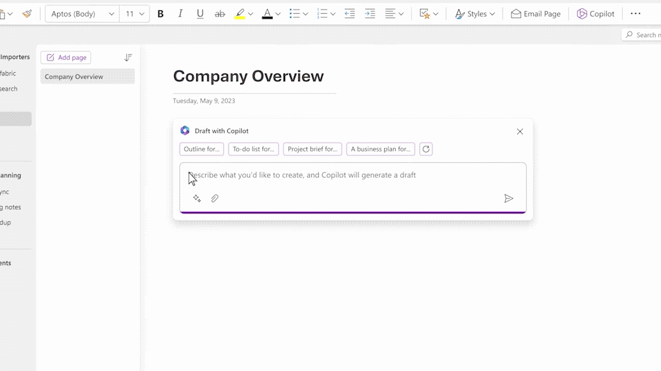 A GIF showing the ability to leverage Copilot in OneNote, typing what you need into the chat pane, such as to bring in notes and summarize the notes on a new page in OneNote. 