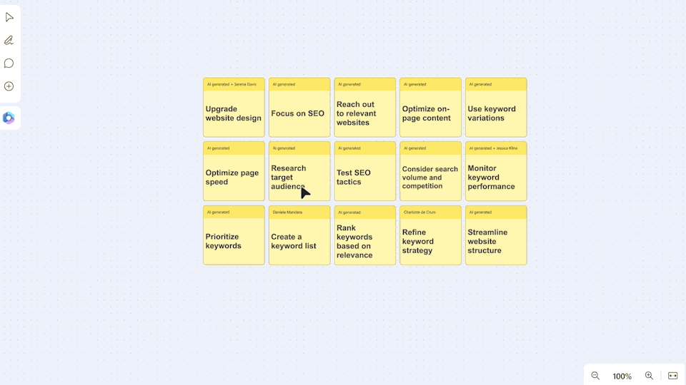 A GIF showing Copilot in Whiteboard’s ability to organize the ideas in a group of selected sticky notes into thematic groupings and regenerate different groupings to uncover insights.