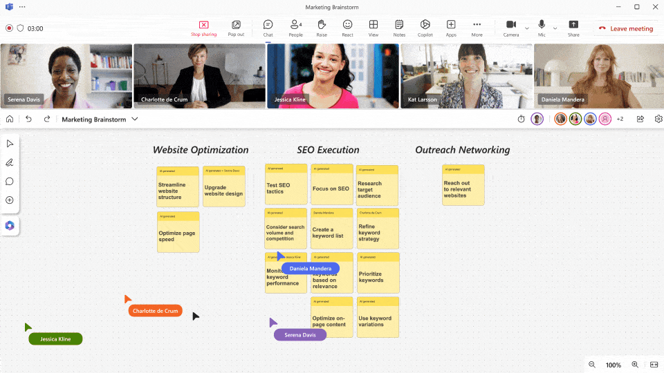 A GIF showing Copilot in Whiteboard’s ability to organize the ideas in a group of selected sticky notes into thematic groupings and regenerate different groupings to uncover insights. 