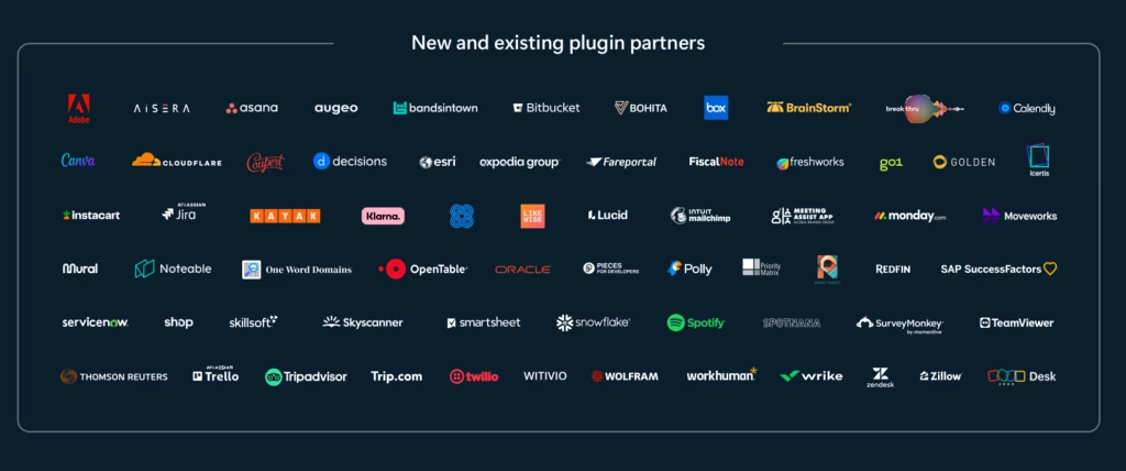 Logos of partners with plugins available for customers in the Microsoft 365 Copilot Early Access Program.