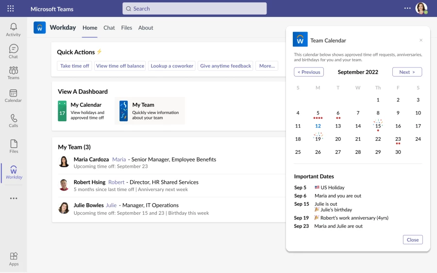 A screenshot of Workday for Teams showing the home dashboard with quick actions at the top and a team calendar to the right.