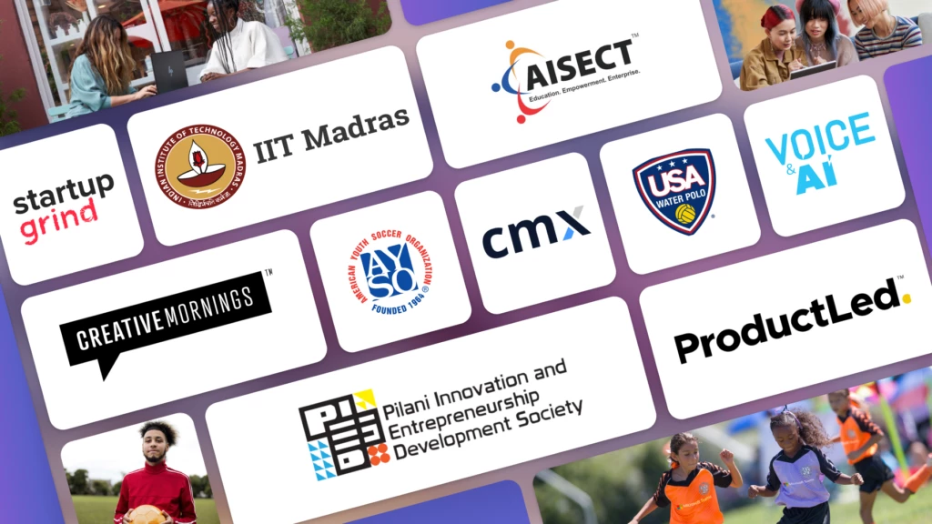 A display of 11 logos of partners using Teams: Startup grind, IIT Madras, Aisect, Creative mornings,  AYSO, CMX, Voice AI, USA water polo, Pilani innovation and entrepreneurship development society, Product led.