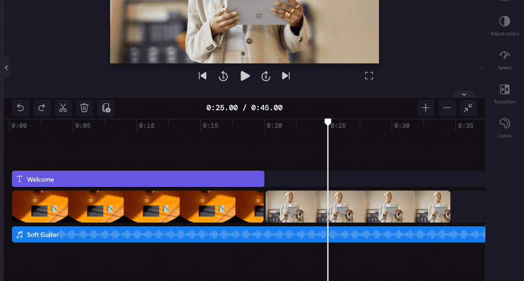 An animated image showing the timeline editor in Clipchamp, with a video clip being dragged and dropped to replace another clip on the editor