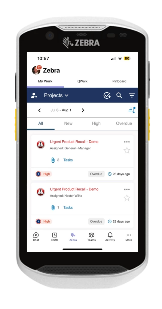A cell phone with a screen showing Zebra Tasks Management app in Microsoft Teams.
