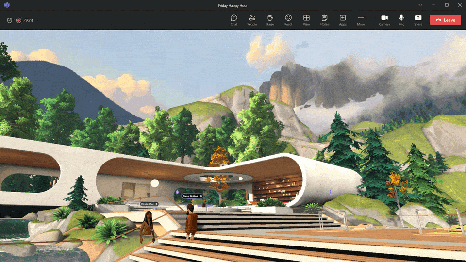 The Lakehouse immersive environment with avatars reacting with the applause reactions in a Microsoft Teams meeting titled "Friday Happy Hour".