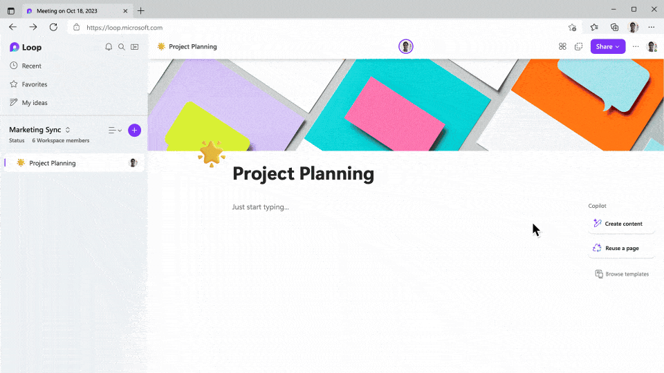 GIF animado de uma página de 'Planejamento de projeto' no Microsoft Loop, mostrando como funciona a criação inteligente de páginas.  O Copilot in Loop começa sugerindo páginas de trabalhos anteriores para reutilização, adaptando automaticamente uma página para o projeto atual com novo conteúdo.