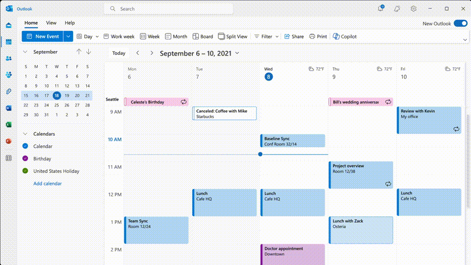 Animated GIF of a weekly calendar view in Outlook, showing how Copilot can schedule meetings on specific topics, suggest attendees, draft agendas, recommend files to share, and find times when everyone is available.