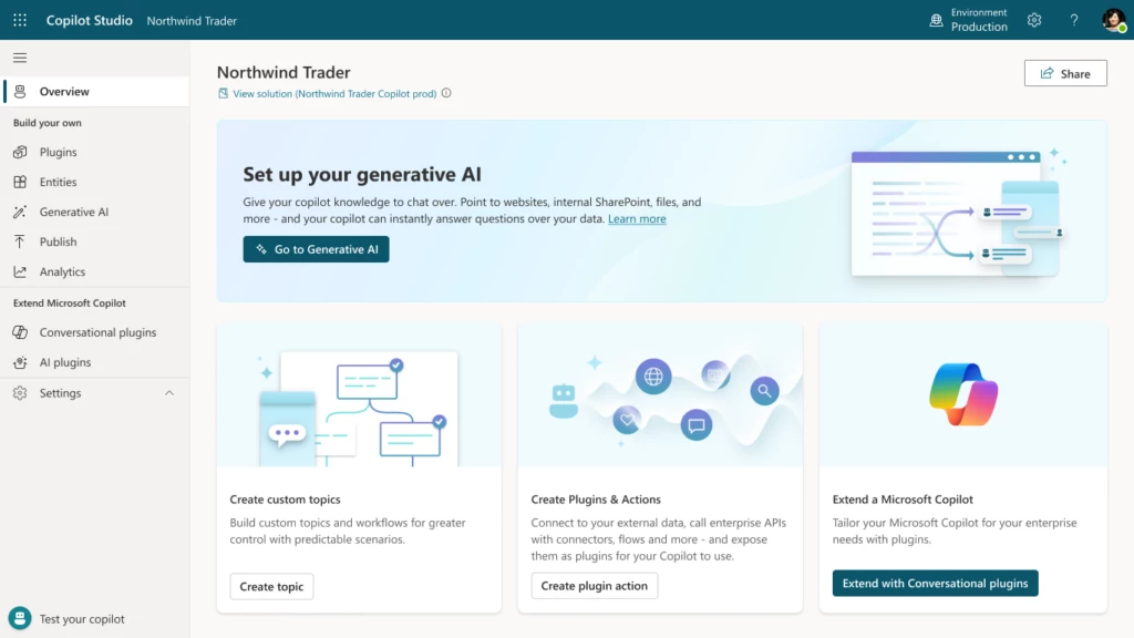  Screenshot of Copilot Studio's interface for Northwind Trader, displaying features for enhancing conversations with AI-generated answers, plugin extensions, and publishing options for broader integration.