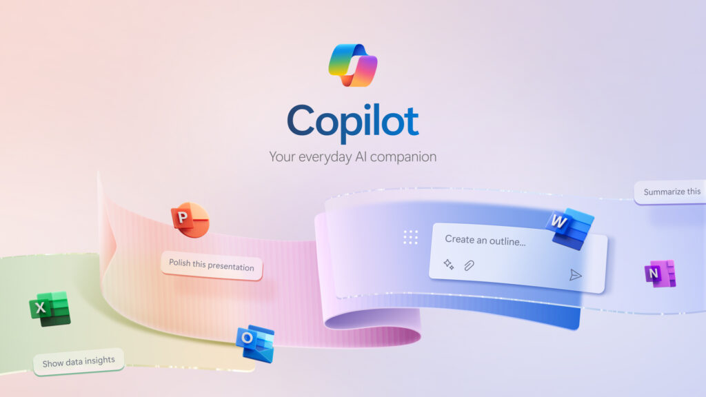 Decorative image of Microsoft Copilot including the logos of Excel, PowerPoint, Outlook, Word, and OneNote.