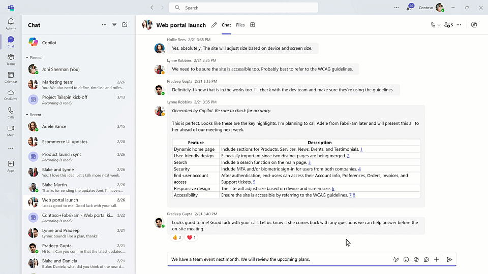 A short video of Microsoft Teams user interface with a group chat open on the screen. From the chat compose box, Copilot is opened to adjust the message with a custom prompt.