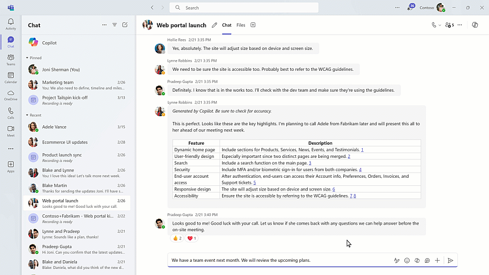 Microsoft Teams 用户界面的短视频，屏幕上打开了群聊。 从聊天撰写框中，打开 Copilot 以使用自定义提示调整消息。