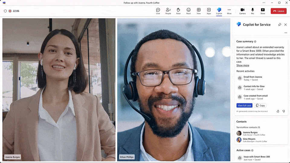 A short people showing two people in a customer call in a Microsoft Teams meeting with Copilot for Service pane open on the right displaying a customer record. Then shows someone chatting with Copilot to ask questions.