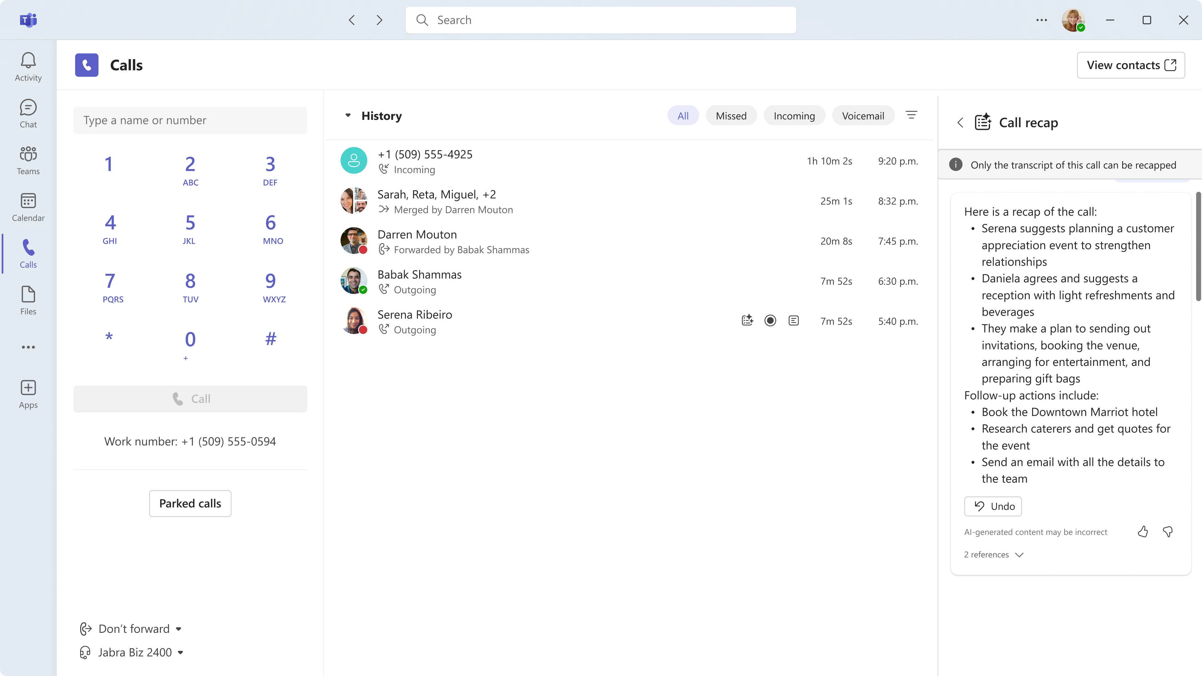 An image of the Microsoft Teams user interface with the calls app open. An intelligent call recap is open on the right side of the calls screen.