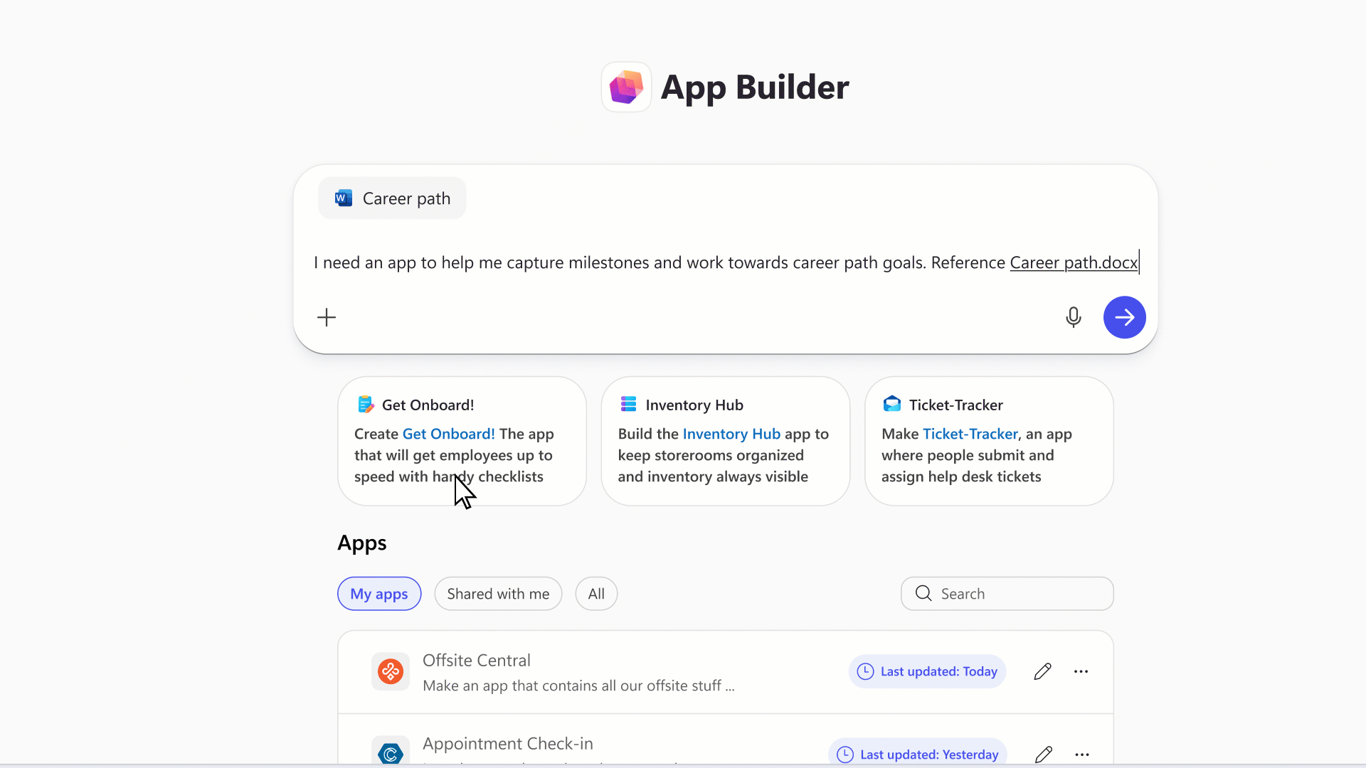 A preview of the App Builder agent in Microsoft 365 Copilot.