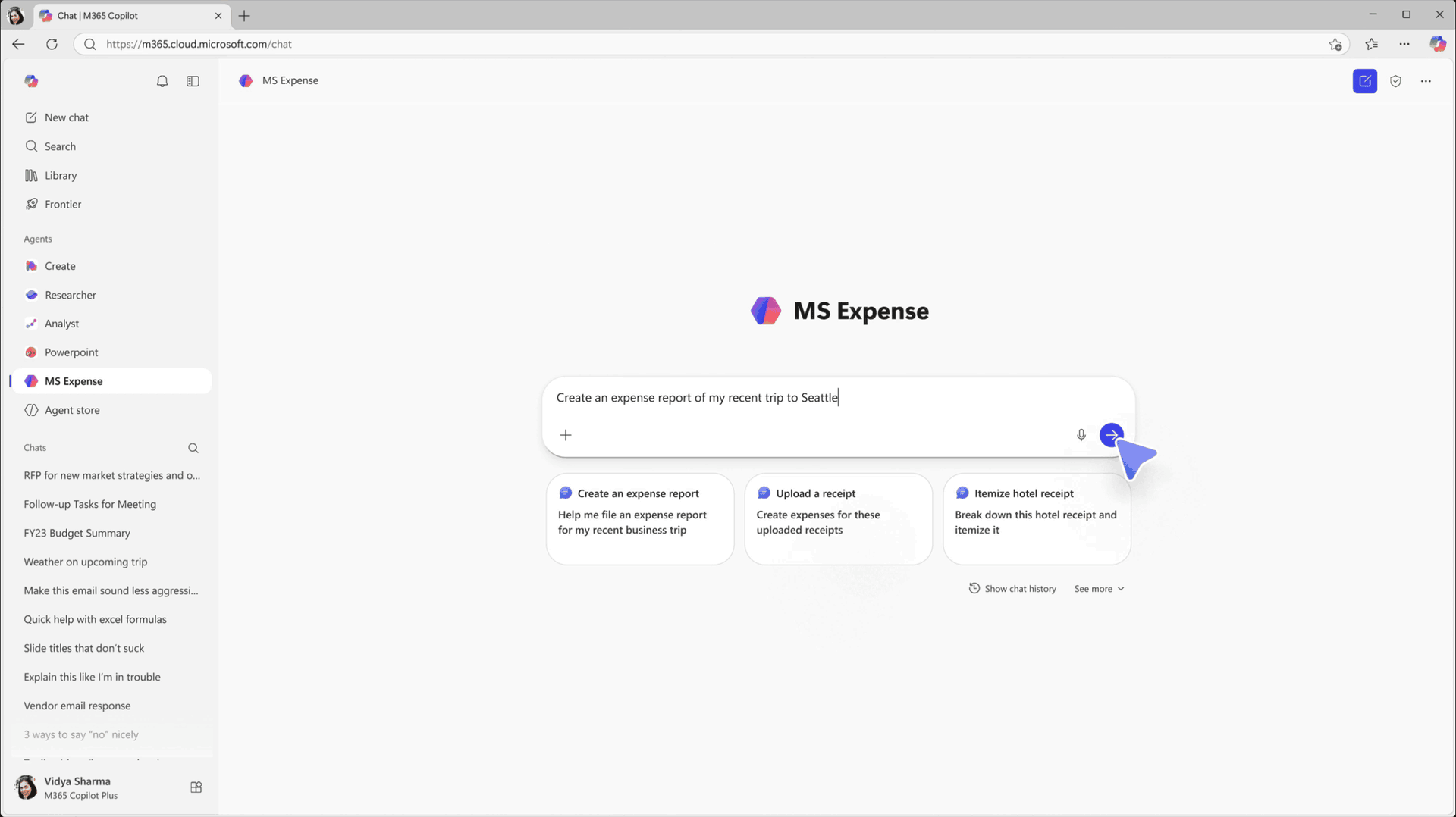 Microsoft 365 Copilot confirms an expense report submission in MS Expense with status shown as pending approval.
