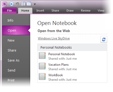 The new Open from the Web screen in OneNote 2010